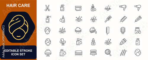 Hair care web icons in line style. Barber scissors, shampoo bottle, conditioner mask, serum dropper, scalp health, salon tools, comb accessory. Editable stroke. Vector illustration.