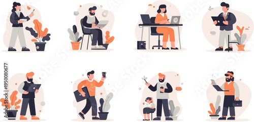 Diverse individuals engaged in various work-related activities, some with devices and plants