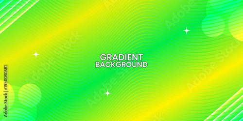 Dynamic Green and Yellow Wavy Line Background.  Energetic green gradient background with thin wavy lines, floating circles, and star icons.