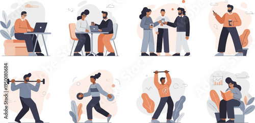 Diverse individuals engaged in work, social activities, and fitness