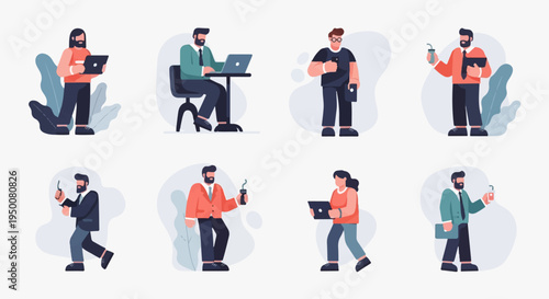 Diverse individuals engaged in various work-related activities, utilizing technology and beverages