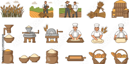 Traditional Bread Making Process Set with Farmers Wheat Harvest Flour Milling Baker Dough Bakery Vector Illustration