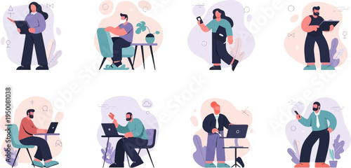 Diverse individuals engaging in various modern work and communication activities