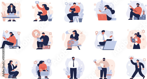 Diverse individuals engaged in various work-related tasks, using technology