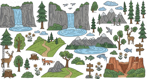 Mountain Forest Landscape Elements Set with Waterfalls Lakes Trees Deer Trails Rocks Nature Adventure Vector Illustration