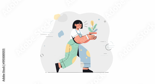 Stylized illustration of a person holding a potted plant, with abstract shapes