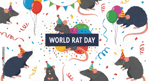 World rat day celebration with cartoon rats wearing party hats and colorful balloons and confetti on white background
