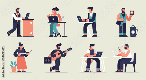 Diverse individuals engaged in various tasks, including work, music, and communication