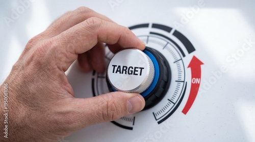 A hand adjusts a metallic dial labeled target to the on position to represent strategic business growth marketing precision goal achievement and professional focus on a clean white background setting