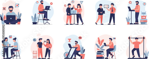 Diverse individuals engaging in various work and leisure activities, illustrated in a modern flat style