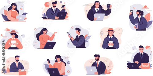 Diverse individuals engaged in work and communication using technology