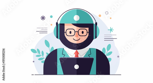 Stylized illustration of a person wearing headphones and glasses, holding a laptop