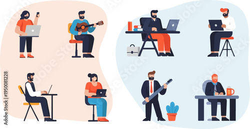 Diverse individuals engaged in work and leisure activities on laptops and instruments