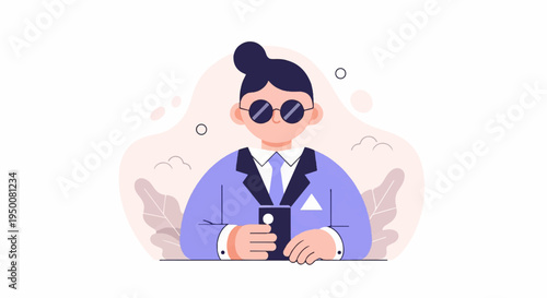 Stylized person in a suit and sunglasses holding a phone