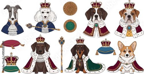 Royal Dogs Characters Set with Crowns Capes Scepter Medals King Queen Pet Portrait Cartoon Vector Illustration Collection