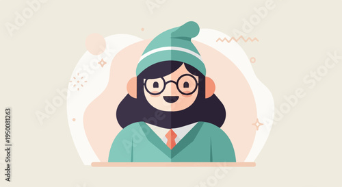 Stylized illustration of a person with dark hair, glasses, and a teal beanie