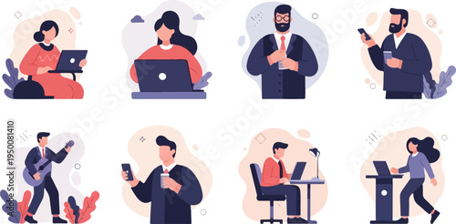 Diverse individuals engaged in various work and leisure activities, including computer use, music, and phone calls