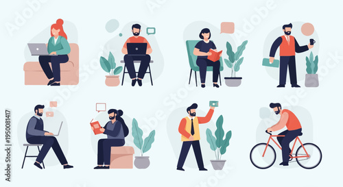 Diverse individuals engaged in various work and leisure activities, including cycling and reading