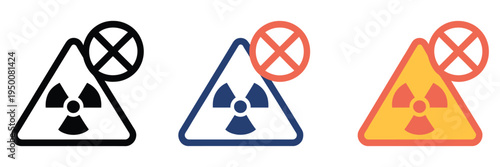 Nuclear, ban icon set featuring multiple styles, radiation prohibition symbols, hazard and safety warning concept, modern flat vector illustration for public safety, industrial, apps, websites, and di