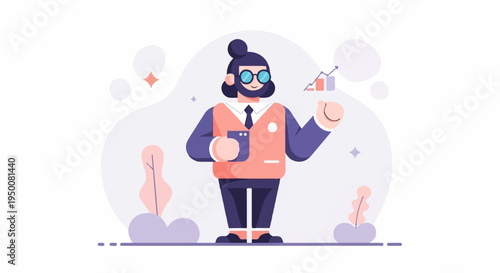 Stylized person in business attire holds phone with growth chart above