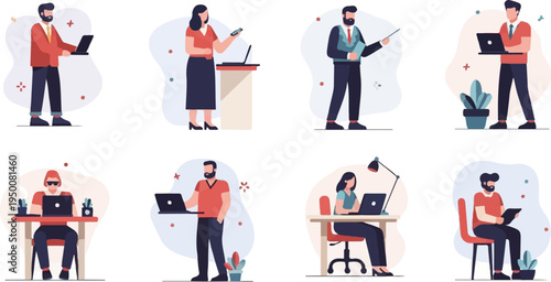 Diverse individuals engaged in various tasks using modern technology and office setups