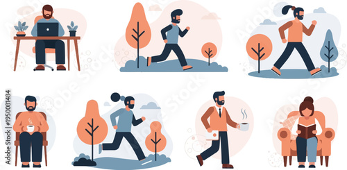 Diverse individuals enjoying leisure activities like working, jogging, and reading