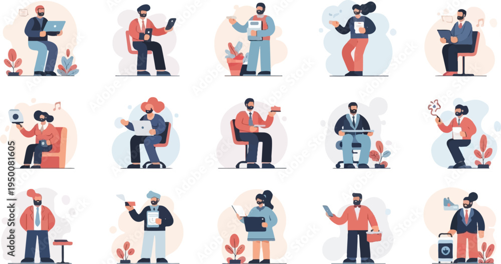 Fototapeta premium Diverse individuals engaged in various tasks with electronic devices and everyday objects