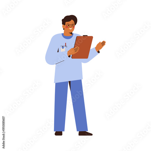 Young male doctor in blue uniform and glasses explaining and pointing with the hand. Healthcare worker talking and holding medical card. Flat vector illustration