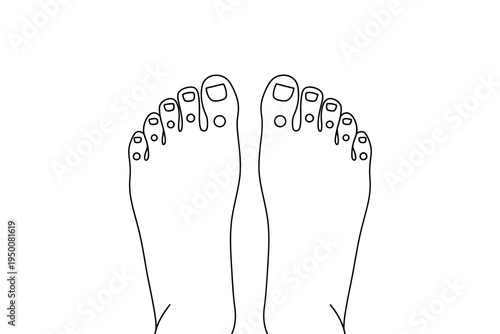 A black and white illustration of two feet with detailed toes and toenails on a plain white background, showcasing a minimalist line drawing style.