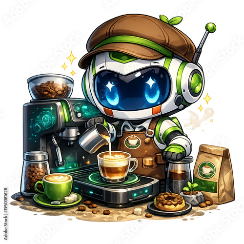 charming robot barista making coffee, cute robot barista illustration, futuristic robot coffee maker art, kawaii robot cafe mascot, friendly robot brewing coffee, adorable robot with espresso machine,