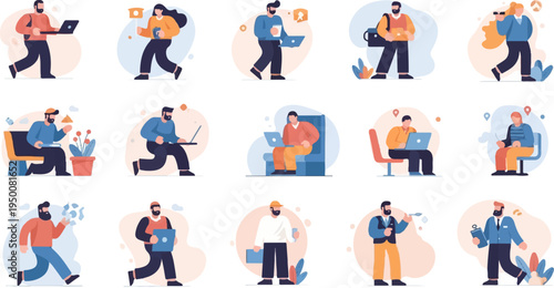 Diverse individuals engaged in various tasks, some using technology and others