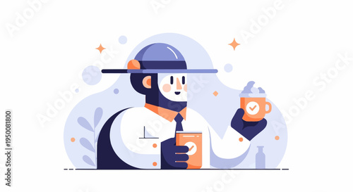 Stylized person in hat and suit holding coffee cup and drink