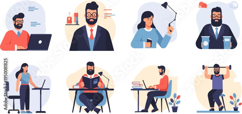 Diverse individuals engaged in work, study, fitness, and casual activities