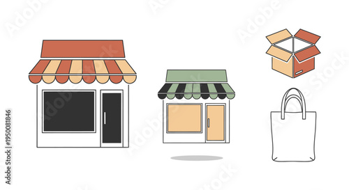 Storefronts and Shopping Bags Illustration.