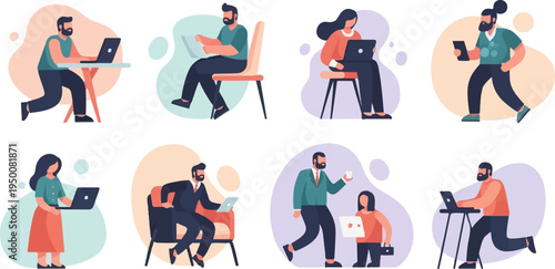 Diverse individuals engaged in various work activities using technology in a stylized setting