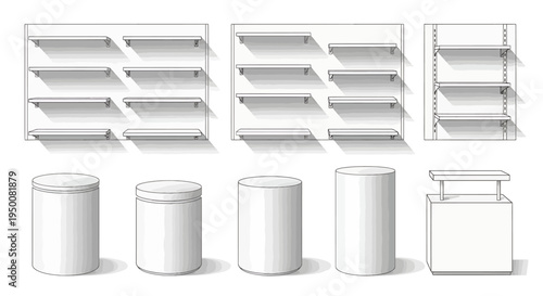 White Cylindrical Containers and Shelves Illustration.