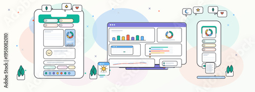 Modern responsive dashboard illustration with desktop and mobile app interfaces, featuring charts, widgets, analytics panels, and smart UI components in a clean flat style.