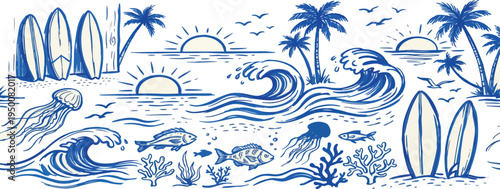 Hand drawn doodle beach, wave and surf vector drawing set. Tropical coastal illustrations like palm trees, waves, surfboards, and sun perfect for summer designs, t-shirts prints, posters, and placards