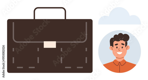 Business, career growth, work-life balance, professional identity, job applications, networking. A brown briefcase, a smiling individual and a cloud icon. Business and career growth concept