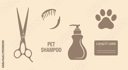 Pet grooming tools and loyalty card illustration.