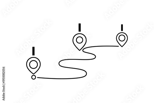 A black line illustration of a winding path with three location pins and a small circle at the end, symbolizing journey, navigation, and travel planning on a white background.