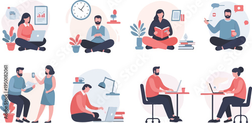 Diverse individuals engaged in various productive activities, study, and work