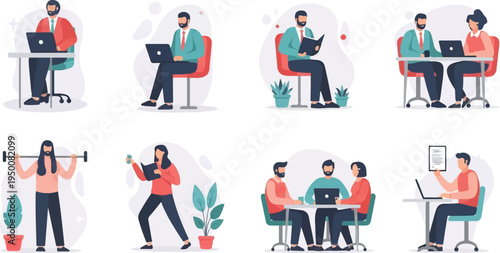 Diverse individuals engaged in various productive activities work, fitness, and learning