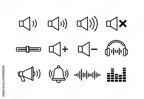 Sound volume controls: speaker with low wave, speaker with medium waves, speaker with high waves, mute speaker with cross, volume slider bar, speaker with plus sign, speaker with