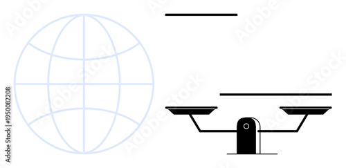 Global trade, equality, ethics, international relations, legal system, justice. A globe silhouette alongside a balance scale. Global trade and equality