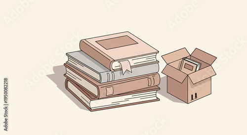 Stack of Books and Open Cardboard Box.