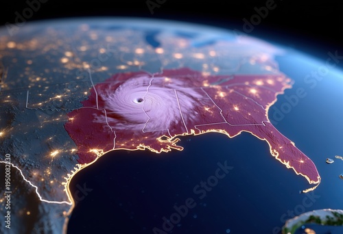 Powerful hurricane making landfall on the US Gulf Coast, impacting multiple southeastern states, highlighting climate change and extreme weather events