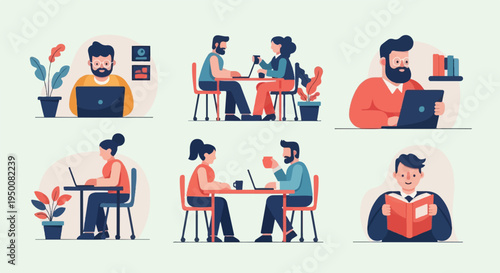 Diverse individuals engaged in work, study, and leisure activities