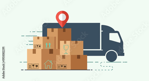 Delivery Truck with Packages and Location Pin.