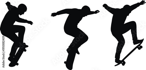 Skateboarder silhouettes collection, skateboard tricks jumping, urban street sport action, skateboarding vector illustration
